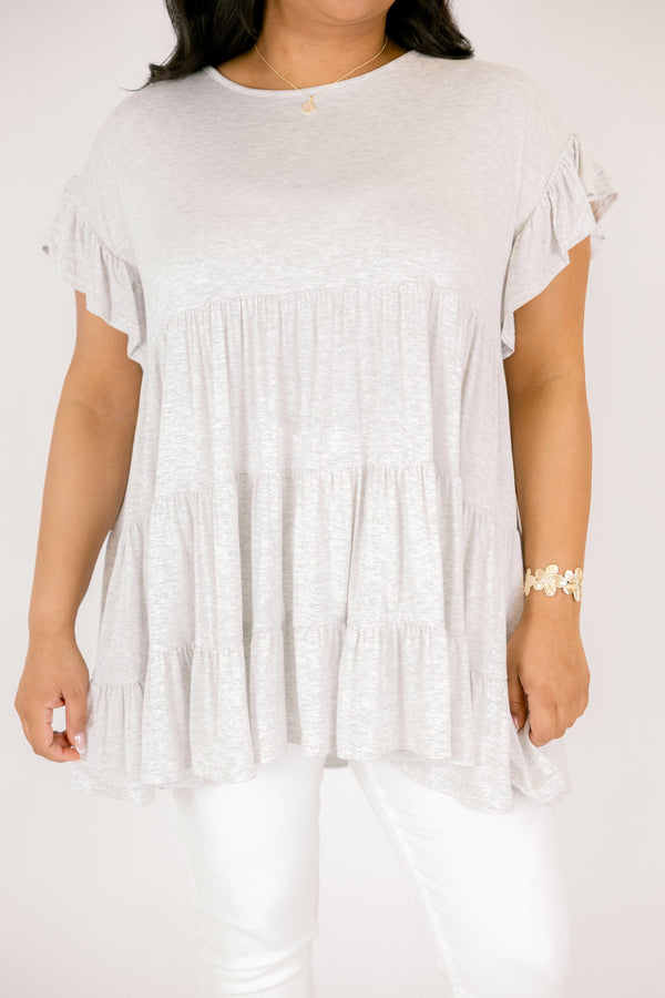 Chic Soul plus size clothing, heather grey flutter sleeve babydoll tunic