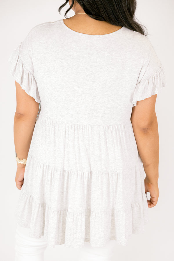 Chic Soul plus size clothing, heather grey flutter sleeve babydoll tunic