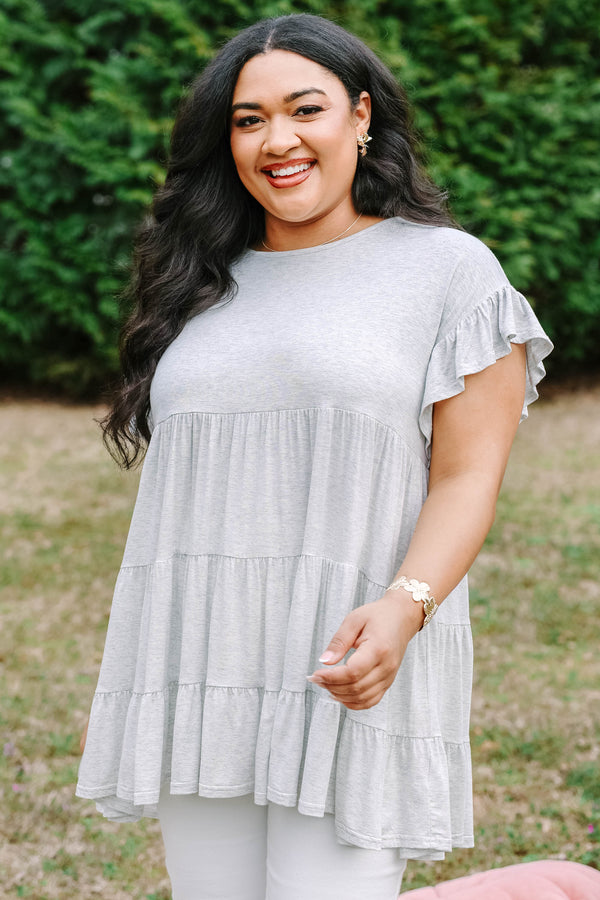 Chic Soul plus size clothing, heather grey flutter sleeve babydoll tunic