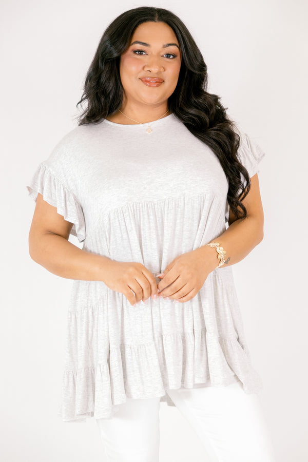 Chic Soul plus size clothing, heather grey flutter sleeve babydoll tunic