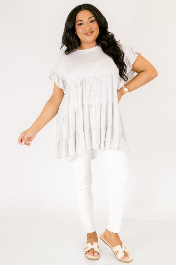 Chic Soul plus size clothing, heather grey flutter sleeve babydoll tunic
