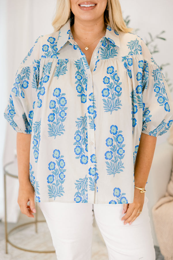 Chic Soul plus size clothing, blue floral print white button up collared top with puff sleeve