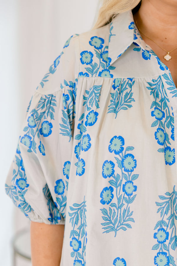 Chic Soul plus size clothing, blue floral print white button up collared top with puff sleeve