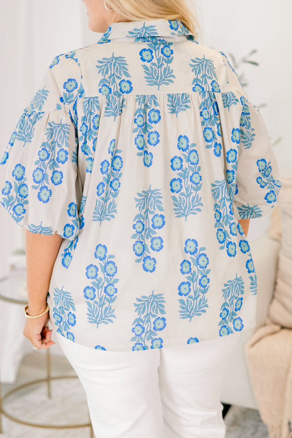 Chic Soul plus size clothing, blue floral print white button up collared top with puff sleeve