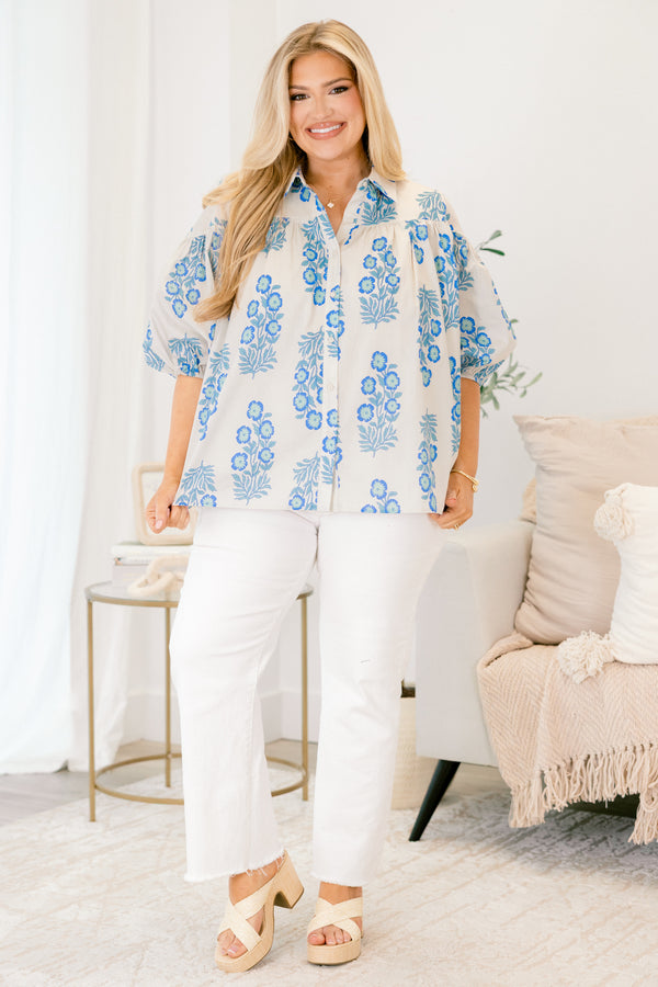 Chic Soul plus size clothing, blue floral print white button up collared top with puff sleeve