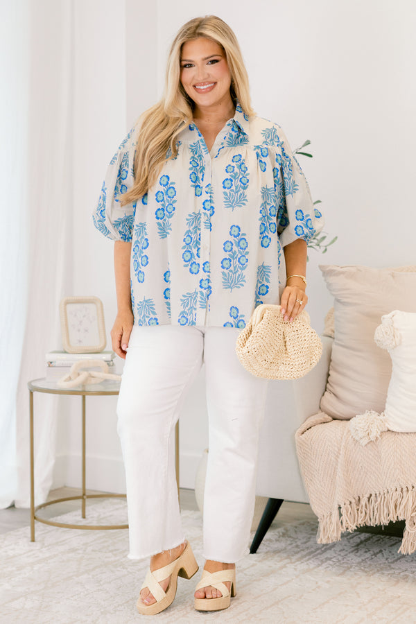 Chic Soul plus size clothing, blue floral print white button up collared top with puff sleeve