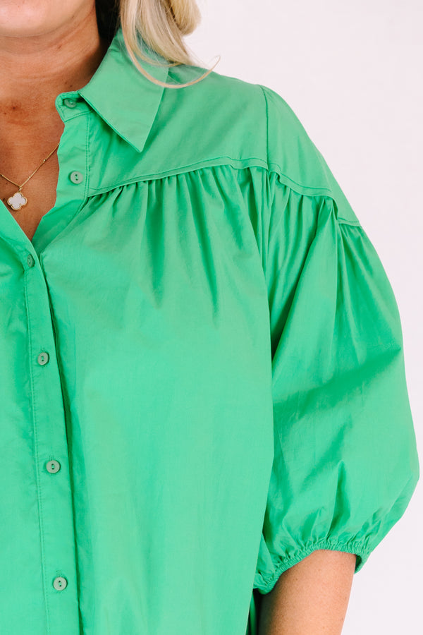 Chic Soul plus size clothing, green puff sleeve button up top with collar