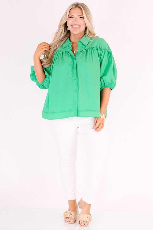 Chic Soul plus size clothing, green puff sleeve button up top with collar