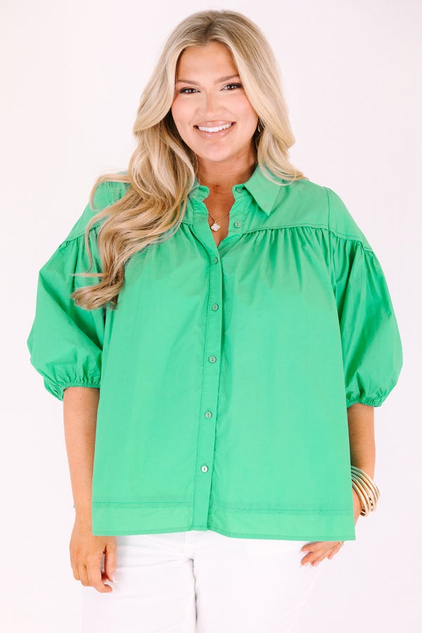 Chic Soul plus size clothing, green puff sleeve button up top with collar