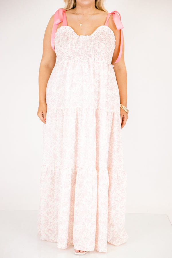 Chic Soul plus size clothing, light pink and white floral tiered maxi dress with pink ribbon tie straps and rouching on the chest