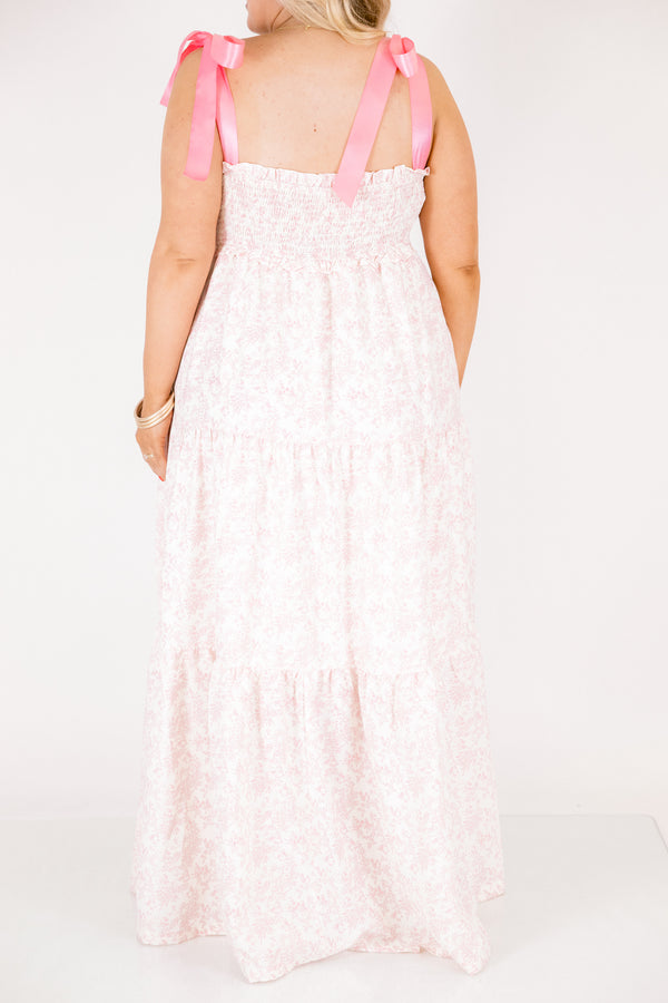Chic Soul plus size clothing, light pink and white floral tiered maxi dress with pink ribbon tie straps and rouching on the chest