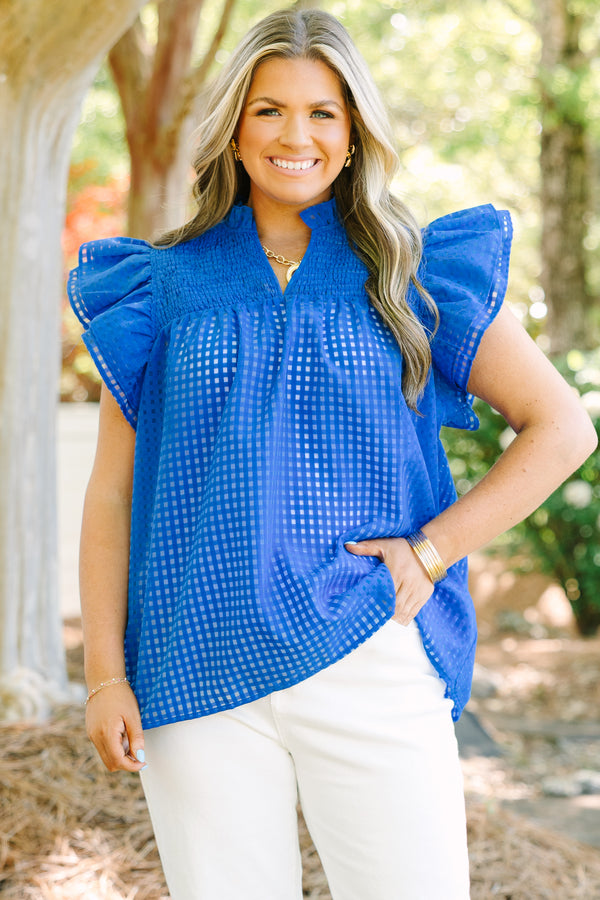 Chic Soul plus size clothing, blue grid micro windowpane fabric blouse with flutter sleeves