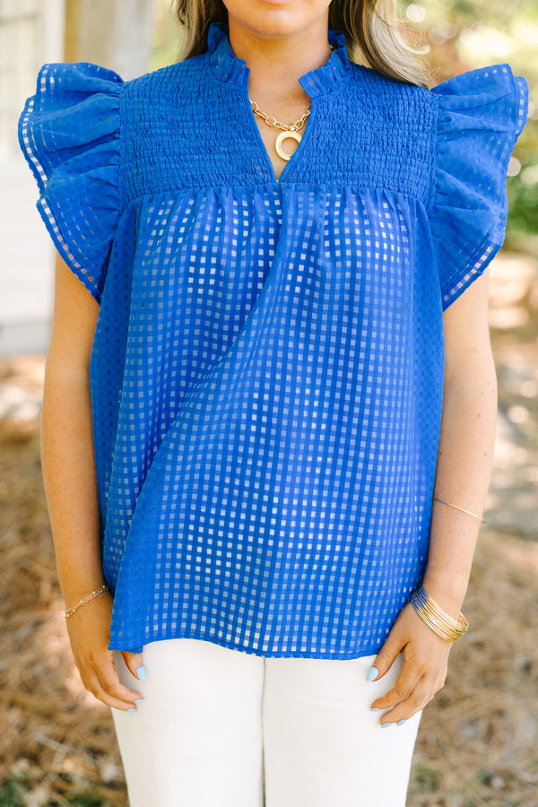 Chic Soul plus size clothing, blue grid micro windowpane fabric blouse with flutter sleeves