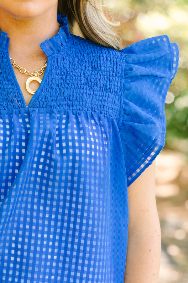 Chic Soul plus size clothing, blue grid micro windowpane fabric blouse with flutter sleeves