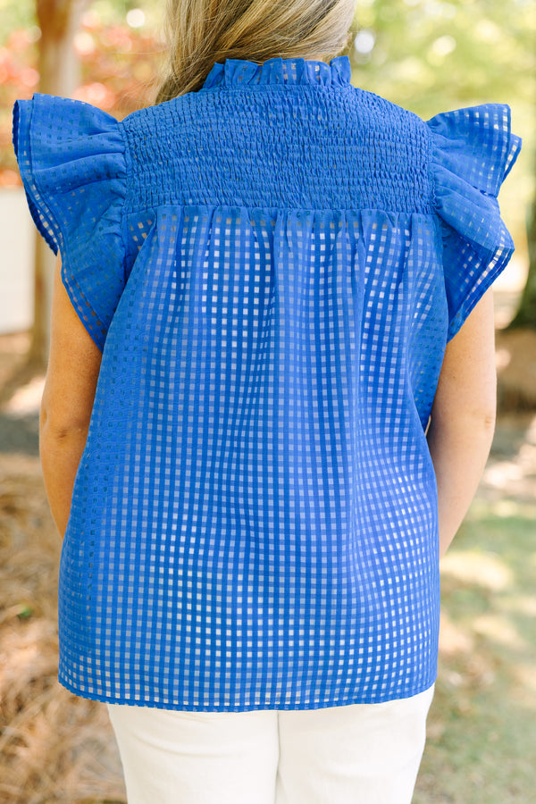 Chic Soul plus size clothing, blue grid micro windowpane fabric blouse with flutter sleeves
