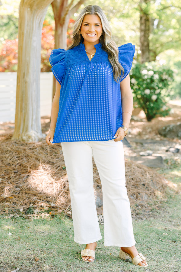 Chic Soul plus size clothing, blue grid micro windowpane fabric blouse with flutter sleeves