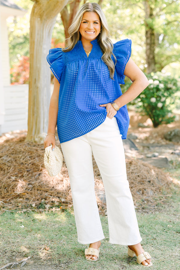 Chic Soul plus size clothing, blue grid micro windowpane fabric blouse with flutter sleeves