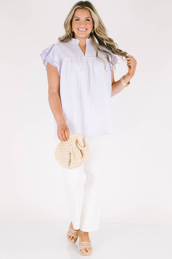 Plus Size lavender and white striped top with a ruffled collar, smocked yoke, and flutter sleeves.