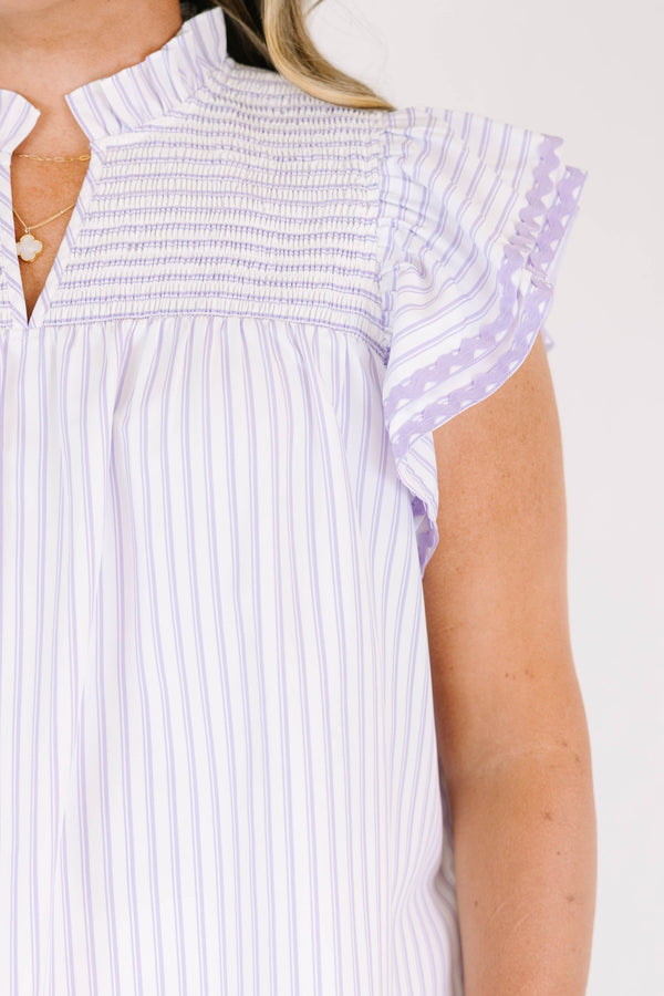 Plus Size lavender and white striped top with a ruffled collar, smocked yoke, and flutter sleeves.
