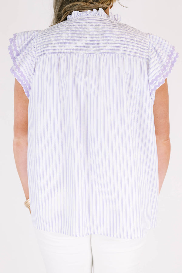 Plus Size lavender and white striped top with a ruffled collar, smocked yoke, and flutter sleeves.