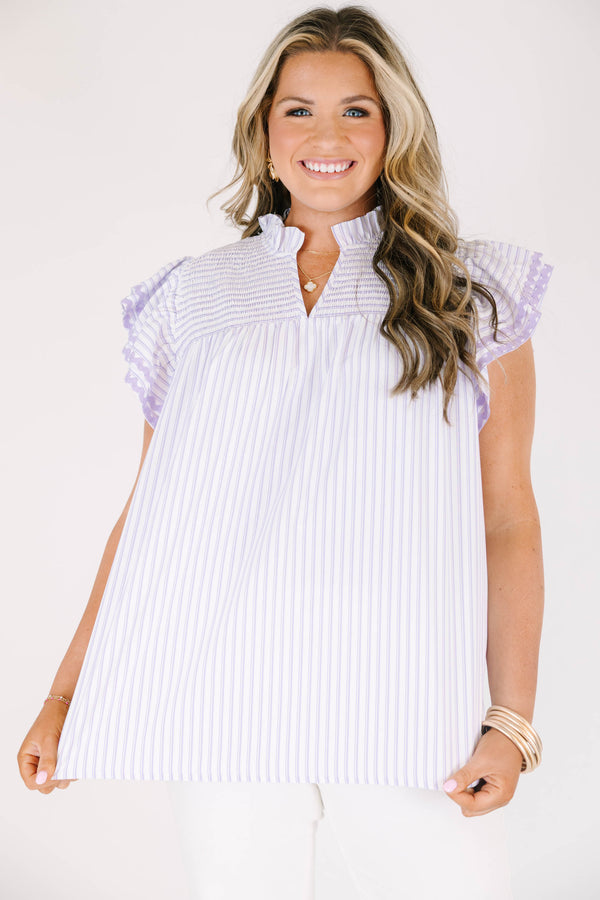 Plus Size lavender and white striped top with a ruffled collar, smocked yoke, and flutter sleeves.