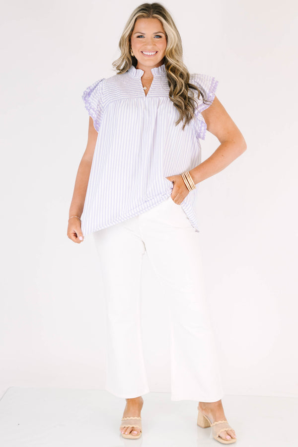 Plus Size lavender and white striped top with a ruffled collar, smocked yoke, and flutter sleeves.