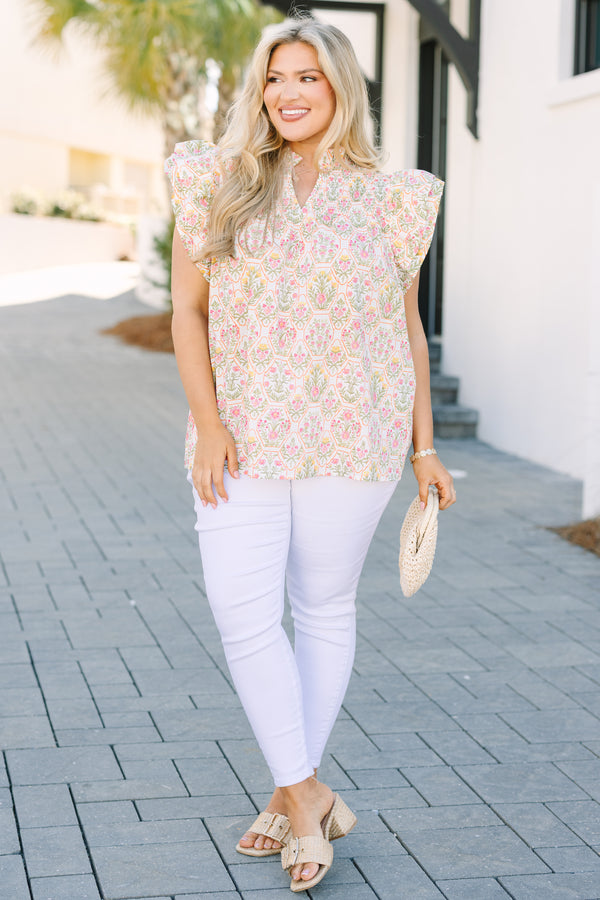 Chic Soul plus size clothing, pink floral short sleeve blouse with flutter sleeves