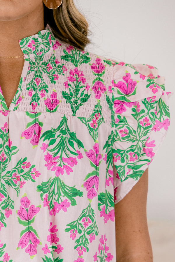 Chic Soul plus size clothing, light pink floral short sleeve blouse with flutter sleeves and smocking near the neckline