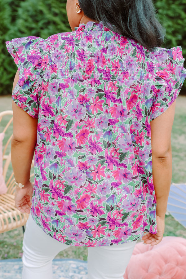 Chic Soul plus size clothing, purple and pink floral print short flutter sleeve top with v neckline cutout