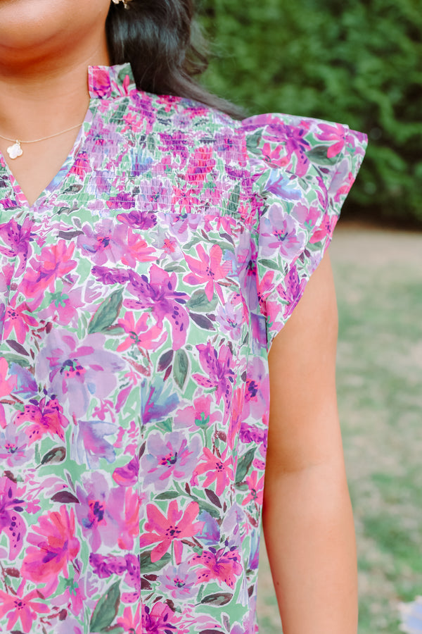 Chic Soul plus size clothing, purple and pink floral print short flutter sleeve top with v neckline cutout