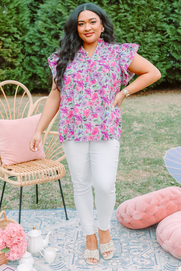 Chic Soul plus size clothing, purple and pink floral print short flutter sleeve top with v neckline cutout