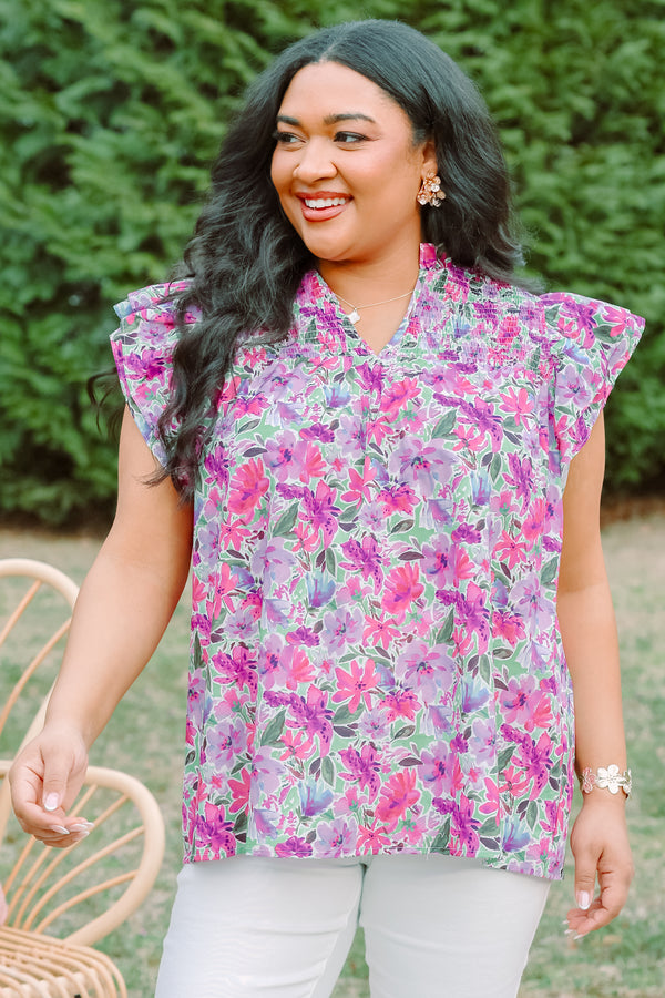 Chic Soul plus size clothing, purple and pink floral print short flutter sleeve top with v neckline cutout