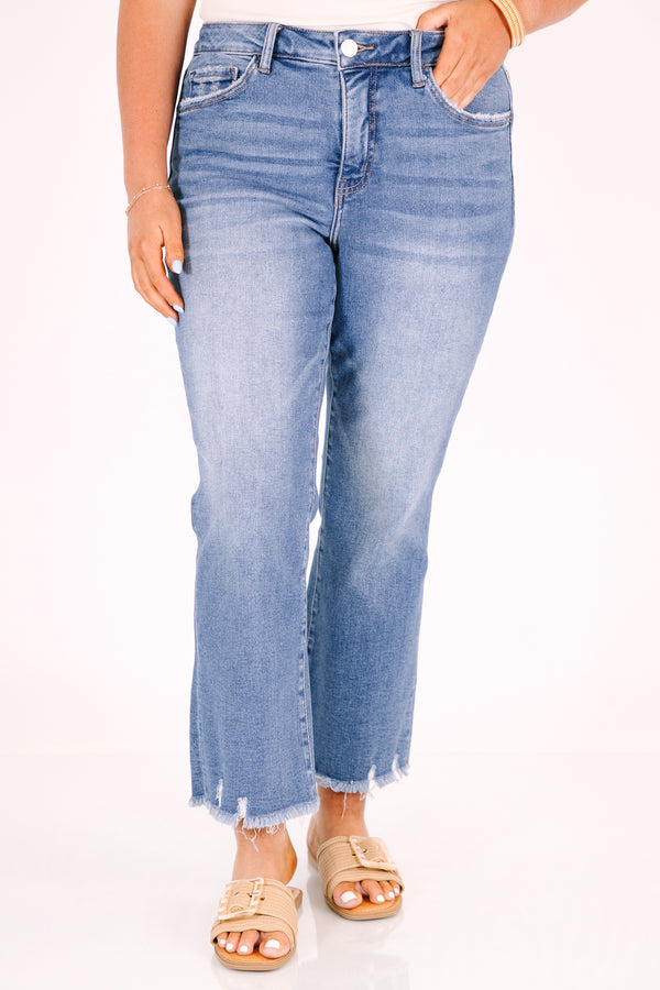 Chic Soul plus size clothing, medium wash ankle jeans with relaxed fit and distressed raw hem