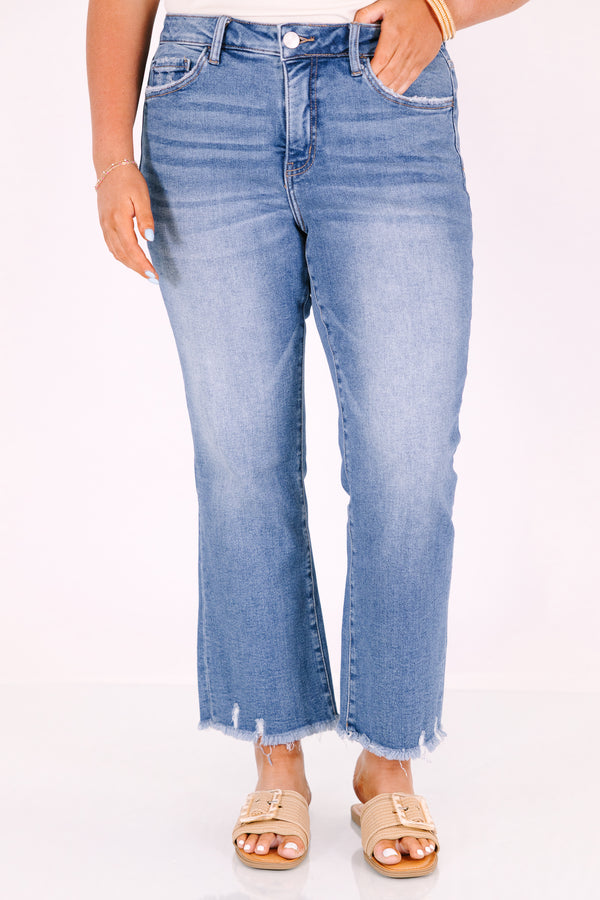 Chic Soul plus size clothing, medium wash ankle jeans with relaxed fit and distressed raw hem