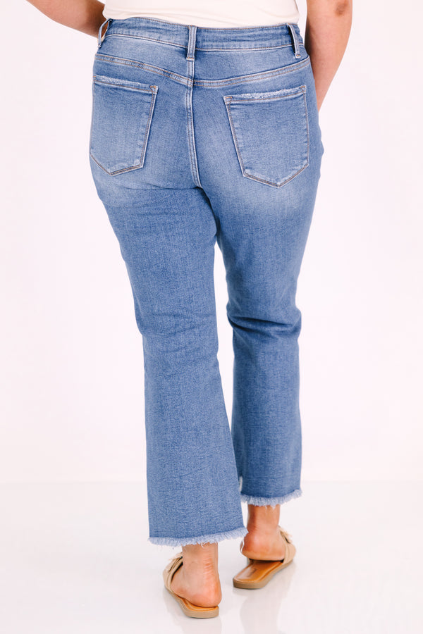 Chic Soul plus size clothing, medium wash ankle jeans with relaxed fit and distressed raw hem