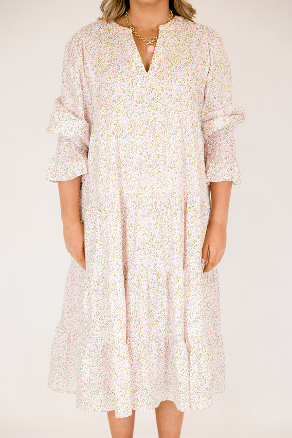 Chic Soul plus size clothing, light pink mid sleeve midi dress with v-neckline and cinched sleeves with small pink and green floral print throughout dress 