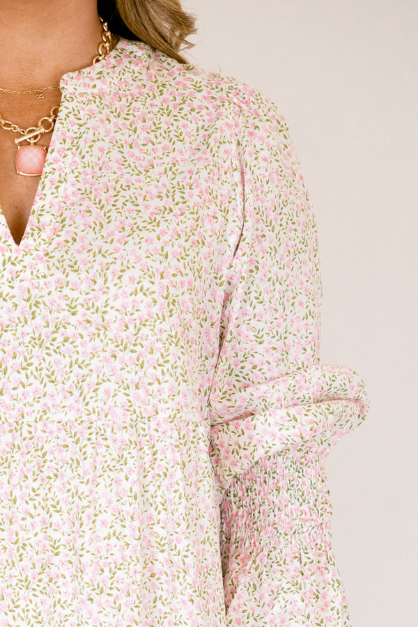 Chic Soul plus size clothing, light pink mid sleeve midi dress with v-neckline and cinched sleeves with small pink and green floral print throughout dress 