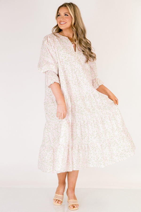 Chic Soul plus size clothing, light pink mid sleeve midi dress with v-neckline and cinched sleeves with small pink and green floral print throughout dress 