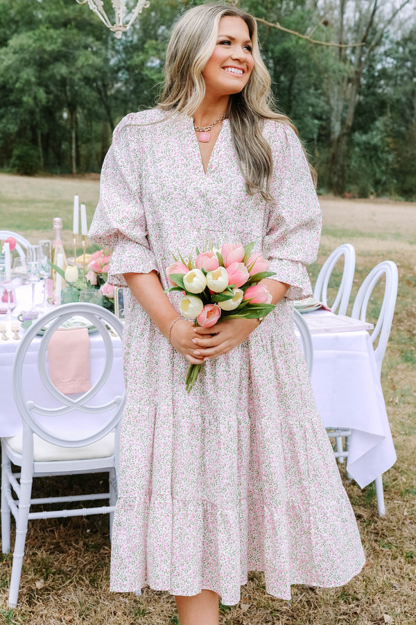 Chic Soul plus size clothing, light pink mid sleeve midi dress with v-neckline and cinched sleeves with small pink and green floral print throughout dress 