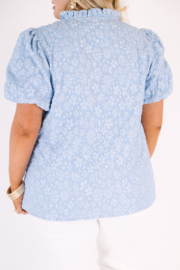 Chic Soul plus size clothing, blue top with bubble sleeves and a slight v-neckline as well as a floral textured pattern throughout 