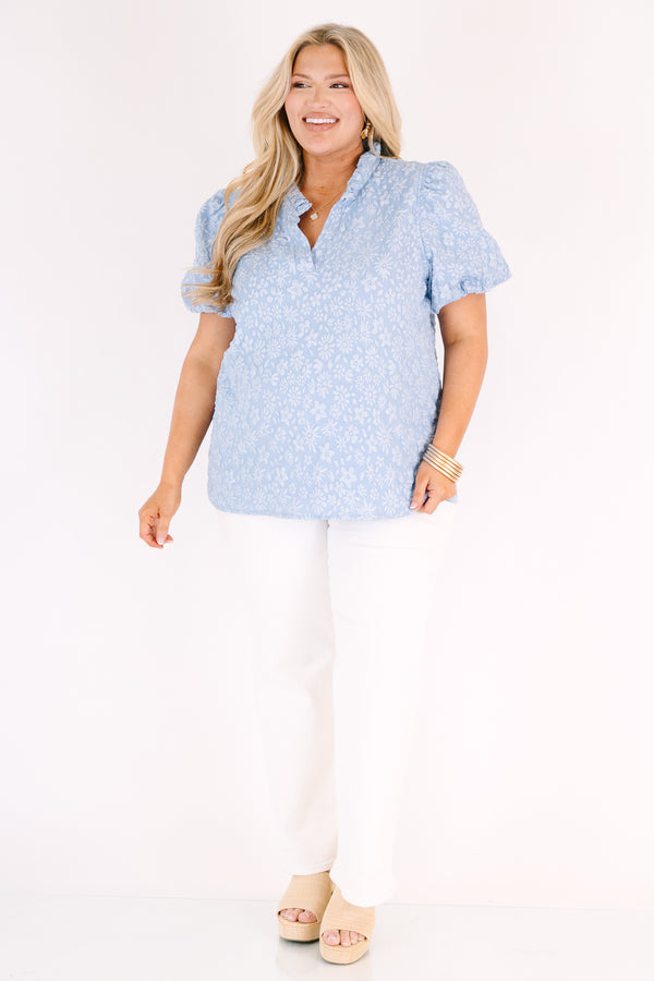 Chic Soul plus size clothing, blue top with bubble sleeves and a slight v-neckline as well as a floral textured pattern throughout 
