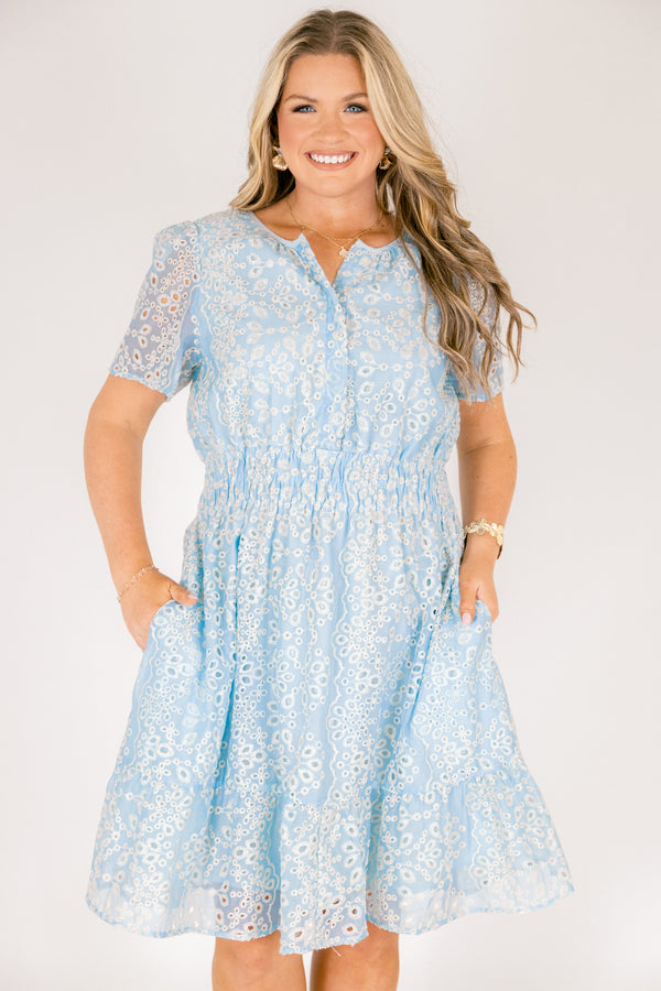 Chic Soul plus size clothing, short-sleeve baby blue ruffle dress with a smocked waistline and a button-down-neckline with an off-white eyelet pattern
