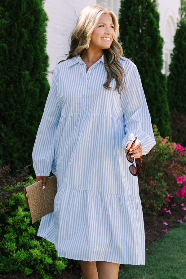 Chic soul plus size clothing, blue and white vertical pin stripe long sleeve tiered midi dress with collar and buttons
