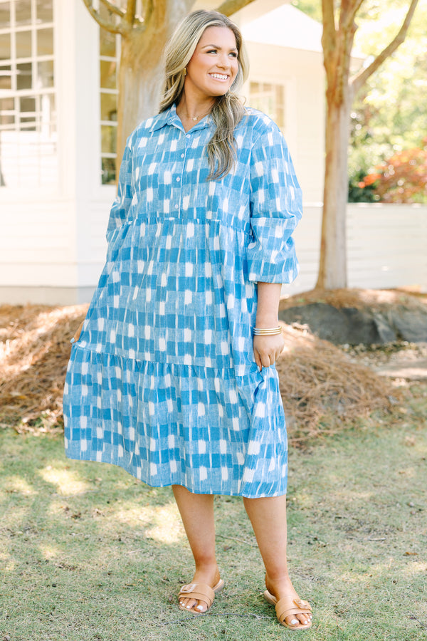 Chic Soul plus size clothing, blue and white larger gingham print long sleeve midi dress with buttons down the top half of the dress, collar, and cinching at the bottom of the sleeves