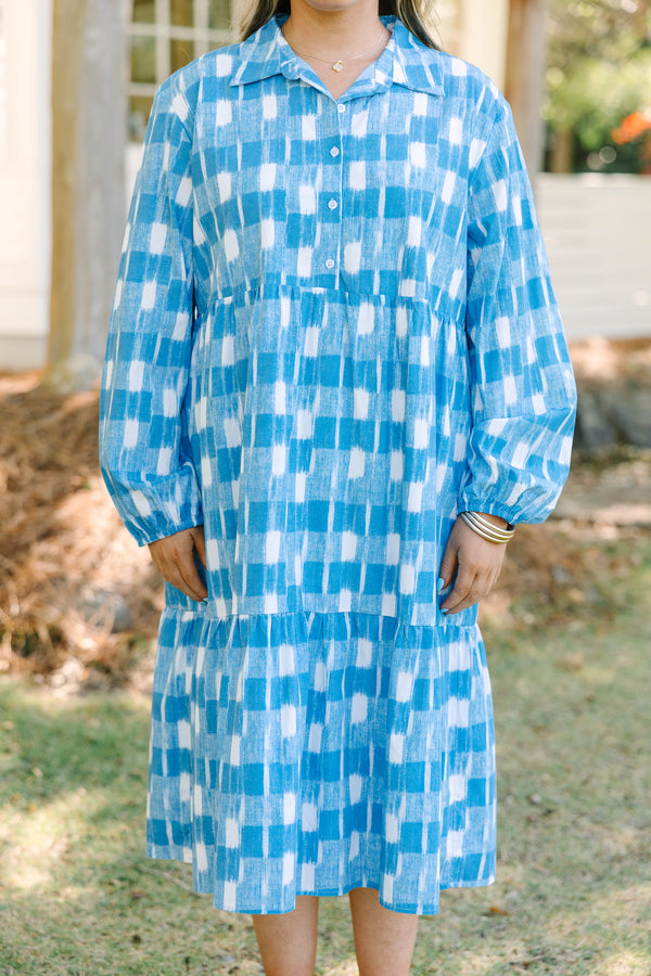 Chic Soul plus size clothing, blue and white larger gingham print long sleeve midi dress with buttons down the top half of the dress, collar, and cinching at the bottom of the sleeves