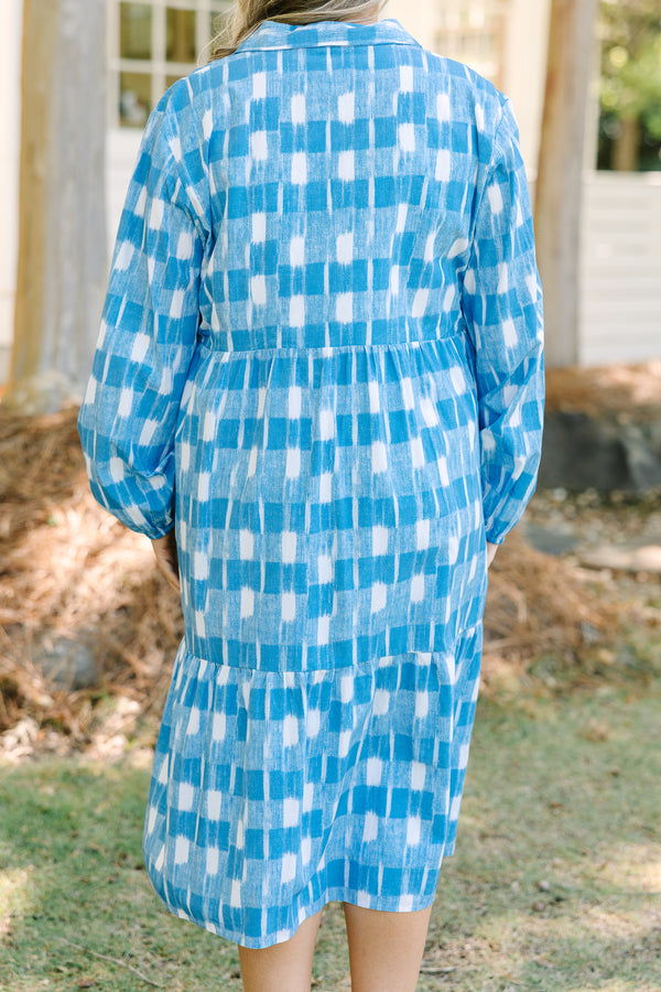 Chic Soul plus size clothing, blue and white larger gingham print long sleeve midi dress with buttons down the top half of the dress, collar, and cinching at the bottom of the sleeves