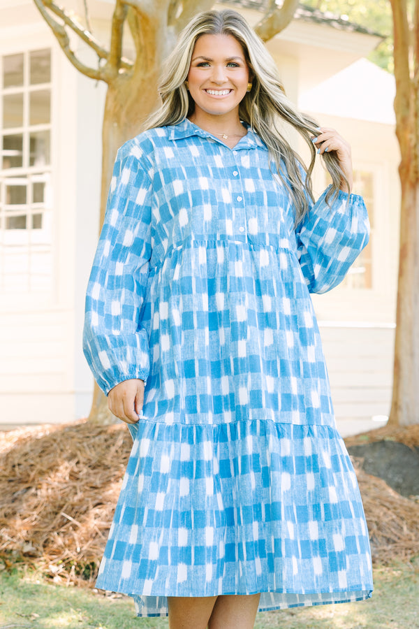 Chic Soul plus size clothing, blue and white larger gingham print long sleeve midi dress with buttons down the top half of the dress, collar, and cinching at the bottom of the sleeves