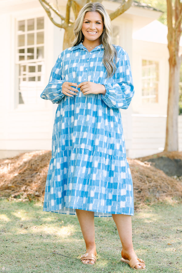 Chic Soul plus size clothing, blue and white larger gingham print long sleeve midi dress with buttons down the top half of the dress, collar, and cinching at the bottom of the sleeves