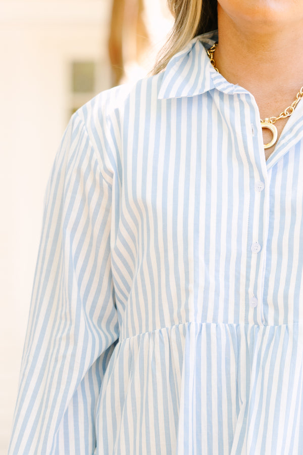 Chic soul plus size clothing, blue and white vertical pin stripe long sleeve tiered midi dress with collar and buttons
