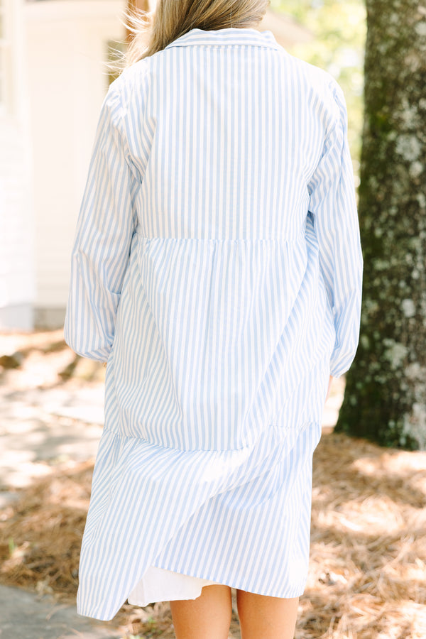 Chic soul plus size clothing, blue and white vertical pin stripe long sleeve tiered midi dress with collar and buttons
